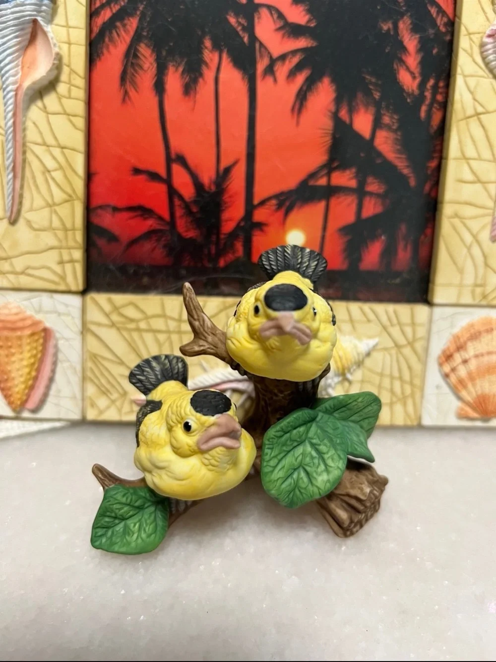 Lefton Yellow and Black Bird Figurine Pair on Branch